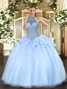 Cute Blue Ball Gowns Beading 15th Birthday Dress Lace Up Tulle Sleeveless Floor Length