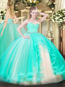Pretty Floor Length Apple Green Quinceanera Dresses Tulle Sleeveless Beading and Lace and Ruffles