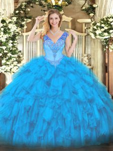Most Popular Baby Blue Ball Gowns V-neck Sleeveless Organza Floor Length Lace Up Beading and Ruffles Quinceanera Dresses