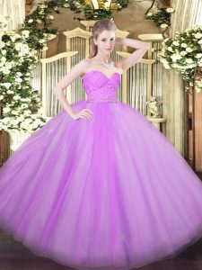 Adorable Lilac Ball Gowns Beading and Lace Quince Ball Gowns Zipper Tulle Sleeveless Floor Length