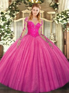 Floor Length Lace Up Sweet 16 Quinceanera Dress Hot Pink for Military Ball and Sweet 16 and Quinceanera with Lace