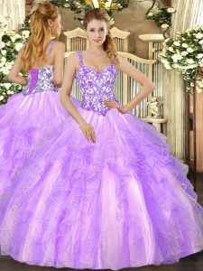 Fancy Lavender Organza Lace Up Vestidos de Quinceanera Sleeveless Floor Length Beading and Appliques and Ruffles