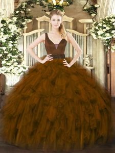 Straps Sleeveless Organza Quinceanera Gown Beading and Ruffles Zipper