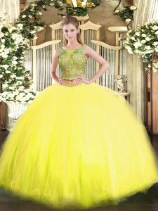 Hot Selling Sleeveless Floor Length Beading Lace Up Quinceanera Dress with Yellow
