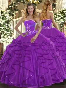 Purple Tulle Lace Up Quinceanera Gowns Sleeveless Floor Length Beading and Ruffles