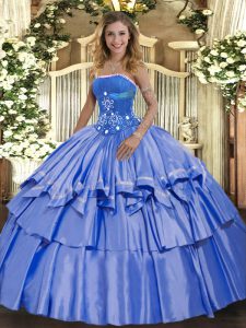 New Style Blue Ball Gowns Organza and Taffeta Strapless Sleeveless Beading and Ruffled Layers Floor Length Lace Up Sweet 16 Dresses