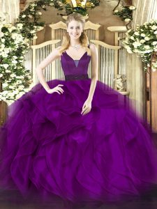 Popular Purple Straps Zipper Beading and Ruffles Quince Ball Gowns Sleeveless