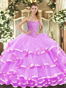 Lilac Ball Gowns Sweetheart Sleeveless Organza Floor Length Lace Up Beading and Ruffled Layers 15 Quinceanera Dress