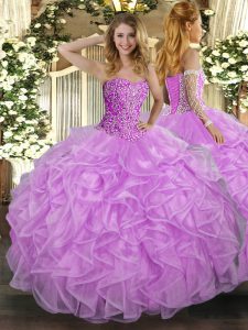 Floor Length Lace Up Quinceanera Gowns Lilac for Military Ball and Sweet 16 and Quinceanera with Beading and Ruffles