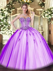 Lavender Sleeveless Beading and Appliques Floor Length Quinceanera Gown