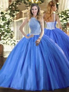 Captivating High-neck Sleeveless Lace Up Ball Gown Prom Dress Baby Blue Tulle