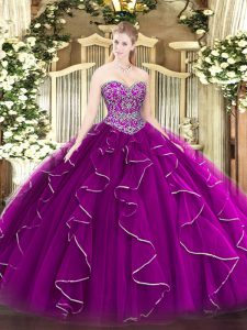 Floor Length Lace Up Quinceanera Gowns Fuchsia for Military Ball and Sweet 16 and Quinceanera with Beading and Ruffles