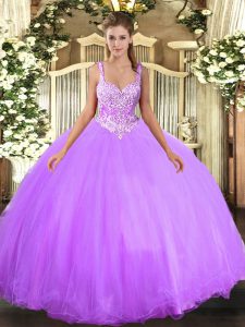 Lavender Tulle Lace Up Sweet 16 Dresses Sleeveless Floor Length Beading