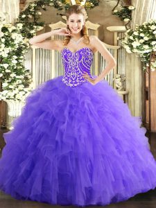 Fine Sleeveless Tulle Floor Length Lace Up Quinceanera Gown in Lavender with Beading and Ruffles