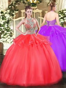 Captivating Coral Red Sleeveless Tulle Lace Up Sweet 16 Quinceanera Dress for Military Ball and Sweet 16 and Quinceanera