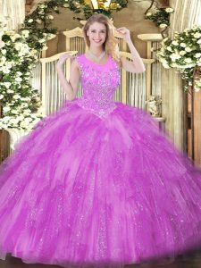 Inexpensive Floor Length Lilac Quinceanera Dresses Tulle Sleeveless Beading and Ruffles