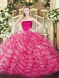 Inexpensive Hot Pink Strapless Neckline Ruffled Layers 15 Quinceanera Dress Sleeveless Zipper