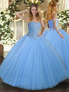 Aqua Blue Sleeveless Floor Length Beading Lace Up Quinceanera Gown