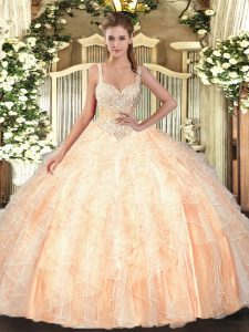 New Arrival Straps Sleeveless Tulle Quince Ball Gowns Beading and Ruffles Lace Up