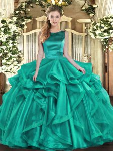 Turquoise Scoop Neckline Ruffles Sweet 16 Dresses Sleeveless Lace Up