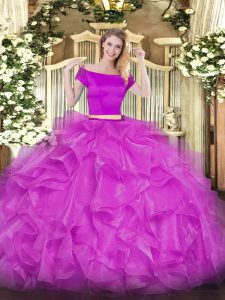 Admirable Fuchsia Zipper Quinceanera Dresses Appliques and Ruffles Short Sleeves Floor Length