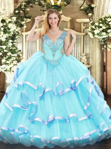 Super Sleeveless Floor Length Ruffled Layers Lace Up Sweet 16 Dresses with Aqua Blue