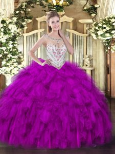 Fuchsia Sweet 16 Quinceanera Dress Military Ball and Sweet 16 and Quinceanera with Beading and Ruffles Scoop Sleeveless Zipper