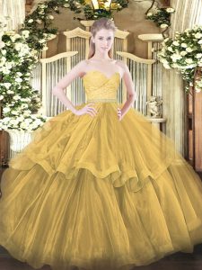 Admirable Gold Sleeveless Tulle Brush Train Zipper 15th Birthday Dress for Military Ball and Sweet 16 and Quinceanera