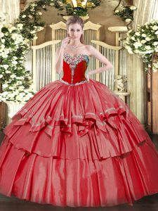 Coral Red Ball Gowns Organza and Taffeta Sweetheart Sleeveless Beading and Ruffled Layers Floor Length Lace Up Sweet 16 Quinceanera Dress