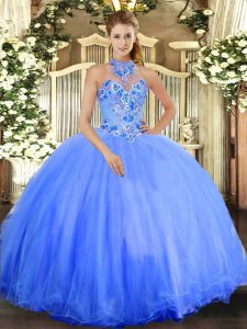 Best Blue Lace Up Halter Top Embroidery Quince Ball Gowns Tulle Sleeveless