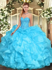 Aqua Blue Organza Lace Up Quinceanera Dress Sleeveless Floor Length Beading and Ruffles