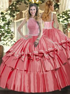 Coral Red Ball Gowns High-neck Sleeveless Organza and Taffeta Floor Length Lace Up Beading and Ruffled Layers 15th Birthday Dress