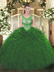 Floor Length Green Sweet 16 Dress Scoop Sleeveless Lace Up