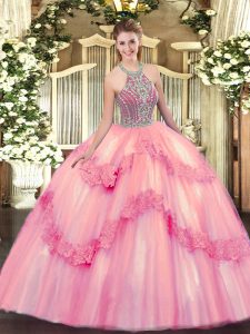 Latest Floor Length Ball Gowns Sleeveless Baby Pink Sweet 16 Dresses Lace Up