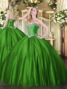 Sleeveless Satin Floor Length Lace Up Ball Gown Prom Dress in Green with Beading