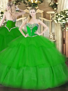 Floor Length Green Quinceanera Gowns Tulle Sleeveless Beading and Ruffled Layers