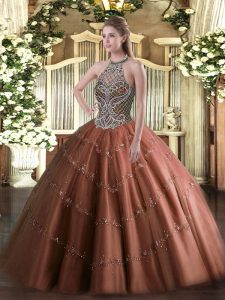 Flirting Halter Top Sleeveless Quinceanera Gown Floor Length Beading Chocolate Tulle