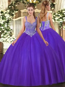Sleeveless Tulle Floor Length Lace Up Quinceanera Dresses in Purple with Beading