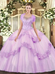 Traditional Scoop Sleeveless Tulle Sweet 16 Dresses Beading and Appliques Clasp Handle