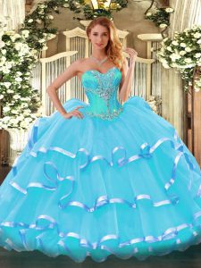 Exquisite Organza Sweetheart Sleeveless Lace Up Beading and Ruffled Layers 15 Quinceanera Dress in Aqua Blue