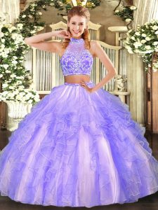 Glamorous Lavender Halter Top Neckline Beading and Ruffled Layers Sweet 16 Dress Sleeveless Criss Cross