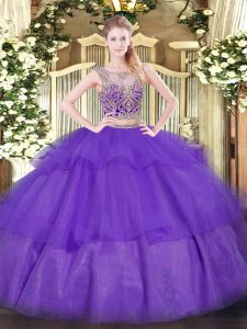 Purple Scoop Neckline Beading and Ruffled Layers Quinceanera Dress Sleeveless Lace Up