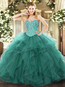 Elegant Turquoise Lace Up Sweet 16 Dress Beading and Ruffles Sleeveless Floor Length
