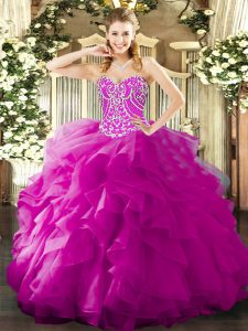 Eye-catching Fuchsia Ball Gowns Sweetheart Sleeveless Organza Floor Length Lace Up Beading and Ruffles 15th Birthday Dress