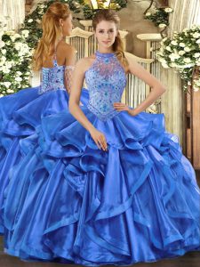 Custom Designed Ball Gowns Sleeveless Blue Ball Gown Prom Dress Lace Up