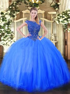 Excellent Scoop Cap Sleeves Zipper 15 Quinceanera Dress Blue Tulle