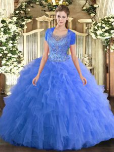 Baby Blue Scoop Clasp Handle Beading and Ruffled Layers Quinceanera Gowns Sleeveless