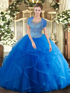 Royal Blue Scoop Clasp Handle Beading and Ruffles Quinceanera Gowns Sleeveless