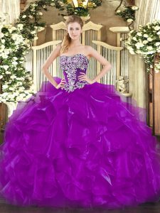 Purple Lace Up Strapless Beading and Ruffles Vestidos de Quinceanera Organza Sleeveless
