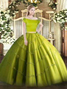 Glamorous Floor Length Two Pieces Short Sleeves Olive Green Quinceanera Gown Zipper
